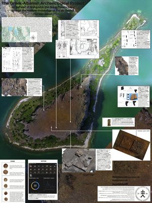 The poster: an aerial view of the islet of Maligrad with the trenches, finds, 3D models and the Notion charts of the coins and ceramics
